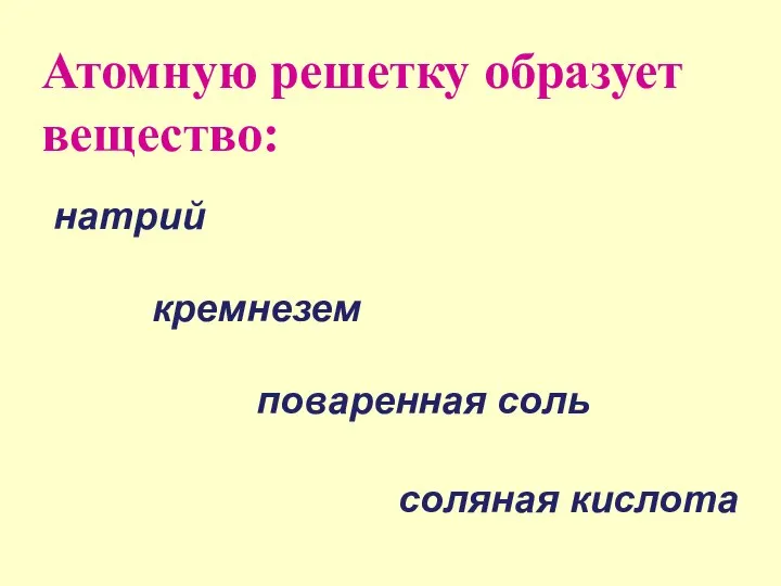 Атомную решетку образует вещество: натрий кремнезем поваренная соль соляная кислота