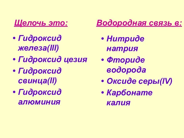 Гидроксид железа(lll) Гидроксид цезия Гидроксид свинца(ll) Гидроксид алюминия Нитриде натрия Фториде водорода