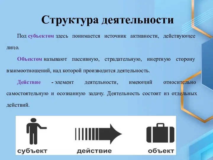 Структура деятельности Под субъектом здесь понимается источник активности, действующее лицо. Объектом называют