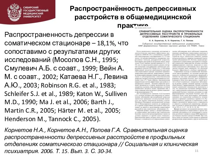 Распространённость депрессивных расстройств в общемедицинской практике Корнетов Н.А., Корнетов А.Н., Попова Г.А.