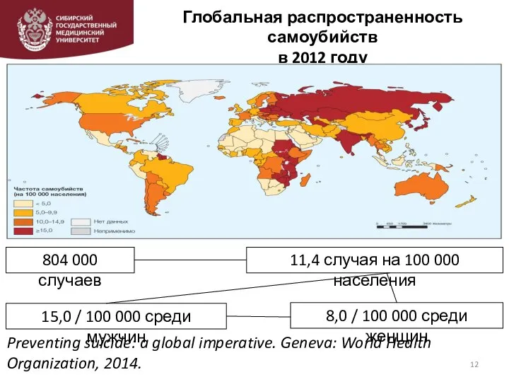 Глобальная распространенность самоубийств в 2012 году Preventing suicide: a global imperative. Geneva: