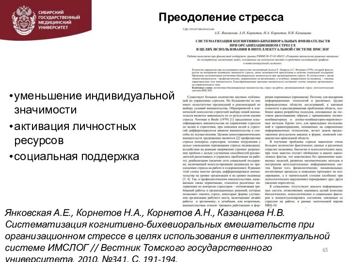 Преодоление стресса Янковская А.Е., Корнетов Н.А., Корнетов А.Н., Казанцева Н.В. Систематизация когнитивно-бихевиоральных