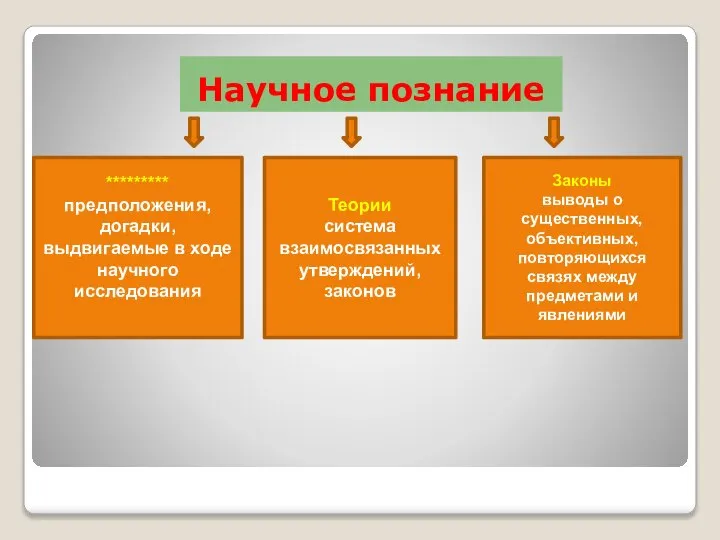 Научное познание ********* предположения, догадки, выдвигаемые в ходе научного исследования Теории система