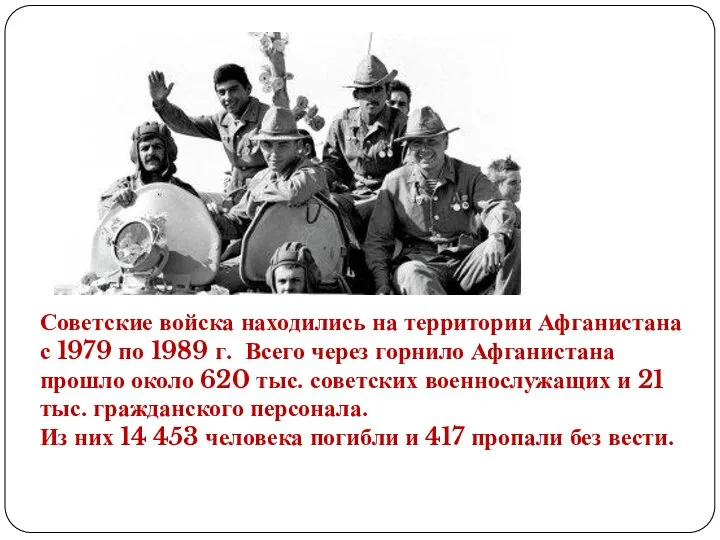 Советские войска находились на территории Афганистана с 1979 по 1989 г. Всего