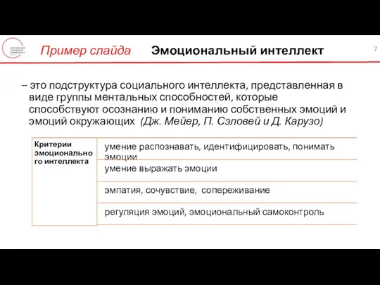 Пример слайда Эмоциональный интеллект – это подструктура социального интеллекта, представленная в виде