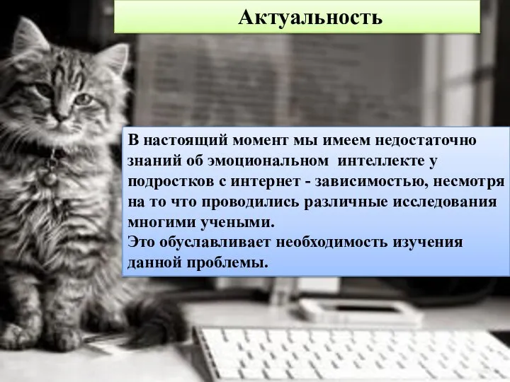 Актуальность В настоящий момент мы имеем недостаточно знаний об эмоциональном интеллекте у