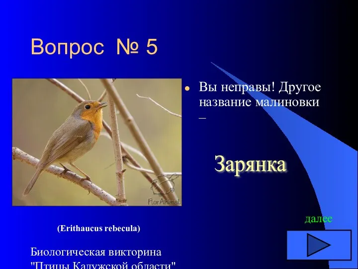 Биологическая викторина "Птицы Калужской области" Вопрос № 5 Вы неправы! Другое название