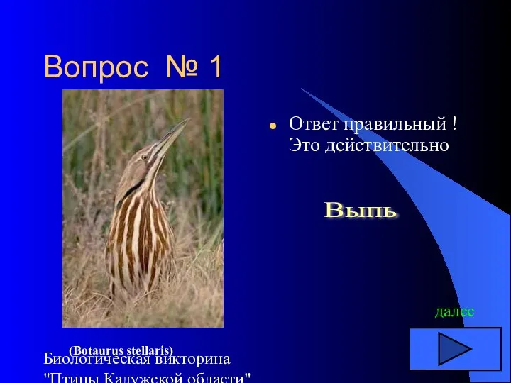 Биологическая викторина "Птицы Калужской области" Вопрос № 1 Ответ правильный ! Это