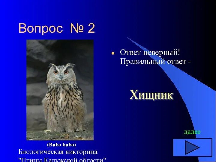 Биологическая викторина "Птицы Калужской области" Вопрос № 2 Ответ неверный! Правильный ответ