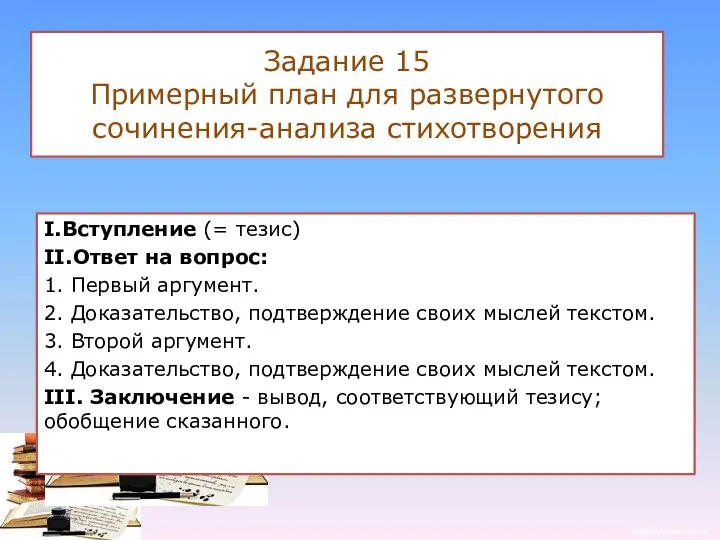 Задание 15 Примерный план для развернутого сочинения-анализа стихотворения I.Вступление (= тезис) II.Ответ