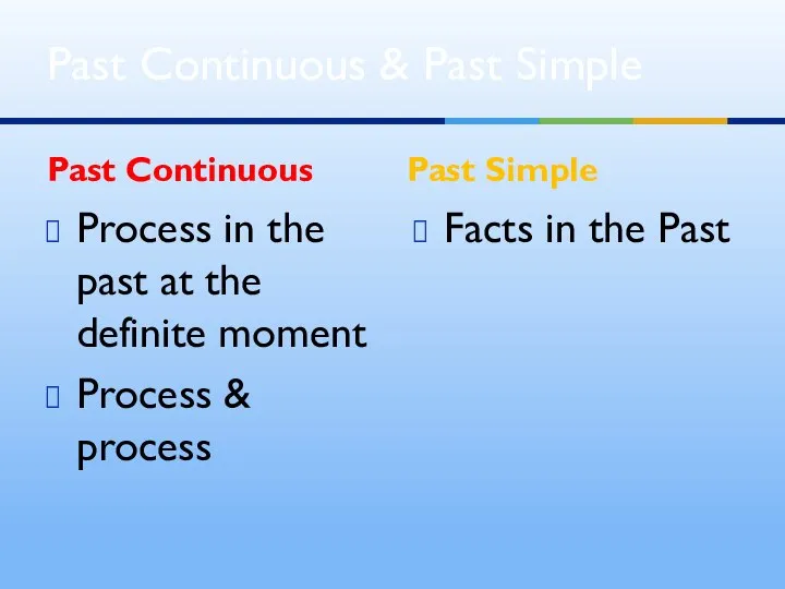 Past Continuous Process in the past at the definite moment Process &