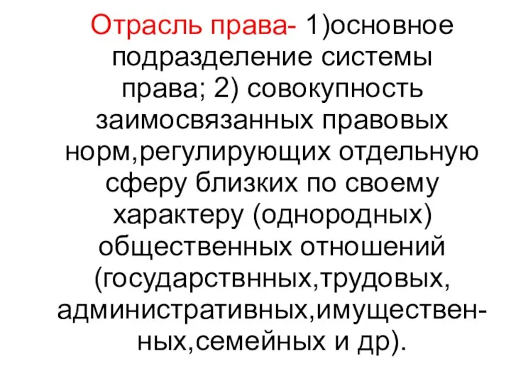 Отрасль права- 1)основное подразделение системы права; 2) совокупность заимосвязанных правовых норм,регулирующих отдельную