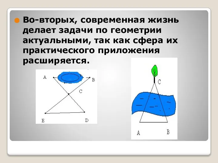 Во-вторых, современная жизнь делает задачи по геометрии актуальными, так как сфера их практического приложения расширяется.