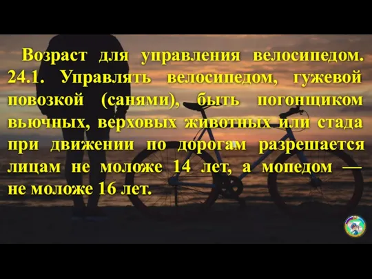 Возраст для управления велосипедом. 24.1. Управлять велосипедом, гужевой повозкой (санями), быть погонщиком