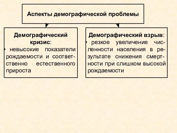 Аспекты демографической проблемы Демографический кризис: невысокие показатели рождаемости и соответ-ственно естественного прироста