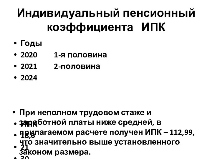 Индивидуальный пенсионный коэффициента ИПК Годы 2020 1-я половина 2021 2-половина 2024 ИПК