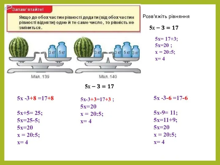 Розв’яжіть рівняння 5x= 17+3; 5х=20 ; х = 20:5; х= 4 5х
