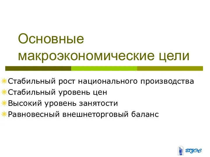 Основные макроэкономические цели Стабильный рост национального производства Стабильный уровень цен Высокий уровень занятости Равновесный внешнеторговый баланс