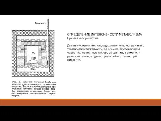 ОПРЕДЕЛЕНИЕ ИНТЕНСИВНОСТИ МЕТАБОЛИЗМА Прямая калориметрия Для вычисления теплопродукции используют данные о темплоемкости