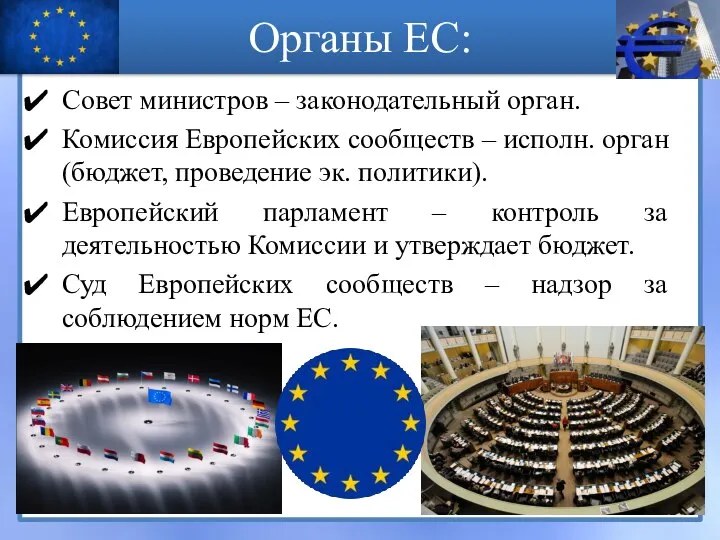 Совет министров – законодательный орган. Комиссия Европейских сообществ – исполн. орган (бюджет,