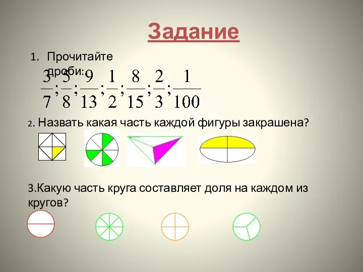 Задание Прочитайте дроби: 2. Назвать какая часть каждой фигуры закрашена? 3.Какую часть