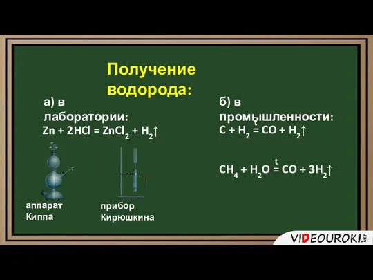 Получение водорода: Zn + 2HCl = ZnCl2 + H2↑ а) в лаборатории: