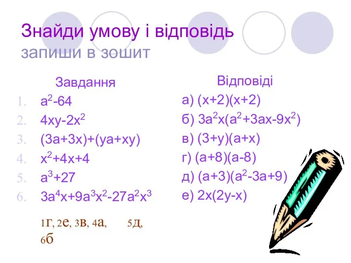 Знайди умову і відповідь запиши в зошит Завдання a2-64 4xy-2x2 (3a+3x)+(ya+xy) x2+4x+4