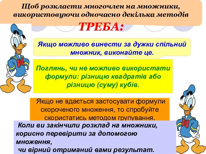 Щоб розкласти многочлен на множники, використовуючи одночасно декілька методів ТРЕБА: Якщо можливо