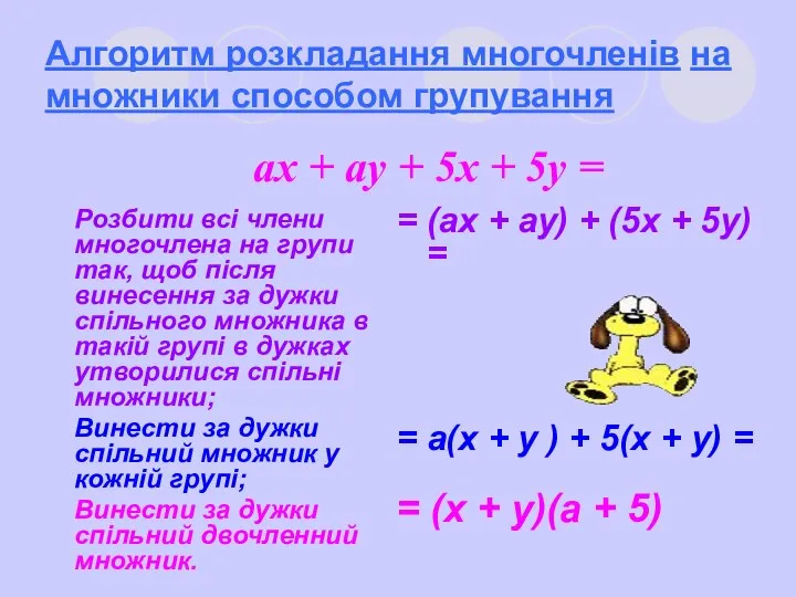 Алгоритм розкладання многочленів на множники способом групування Розбити всі члени многочлена на