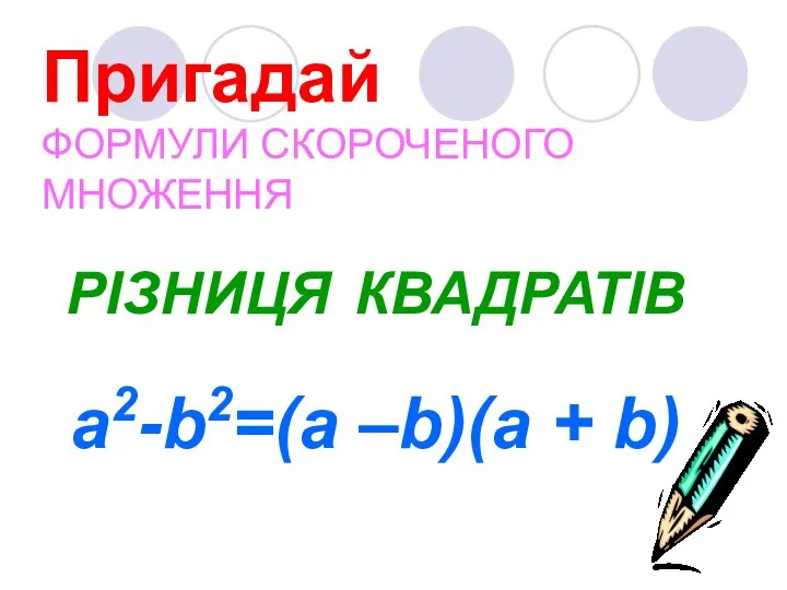 Пригадай ФОРМУЛИ СКОРОЧЕНОГО МНОЖЕННЯ РІЗНИЦЯ КВАДРАТІВ a2-b2=(а –b)(а + b)