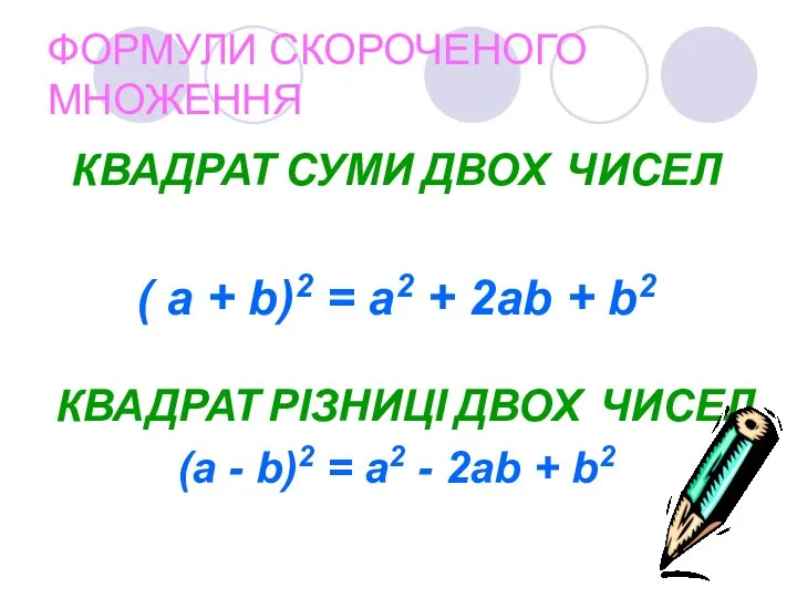 ФОРМУЛИ СКОРОЧЕНОГО МНОЖЕННЯ КВАДРАТ СУМИ ДВОХ ЧИСЕЛ ( а + b)2 =