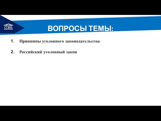 РЕМОНТ ВОПРОСЫ ТЕМЫ: Принципы уголовного законодательства Российский уголовный закон