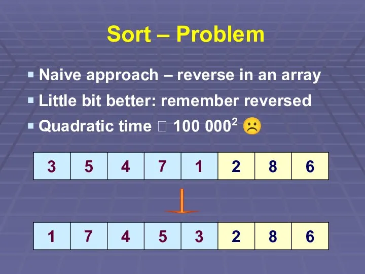 Sort – Problem Naive approach – reverse in an array Little bit