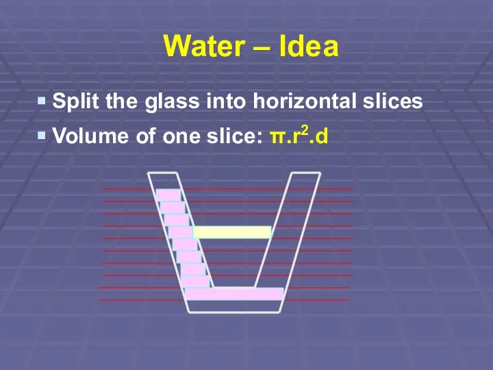Water – Idea Split the glass into horizontal slices Volume of one slice: π.r2.d
