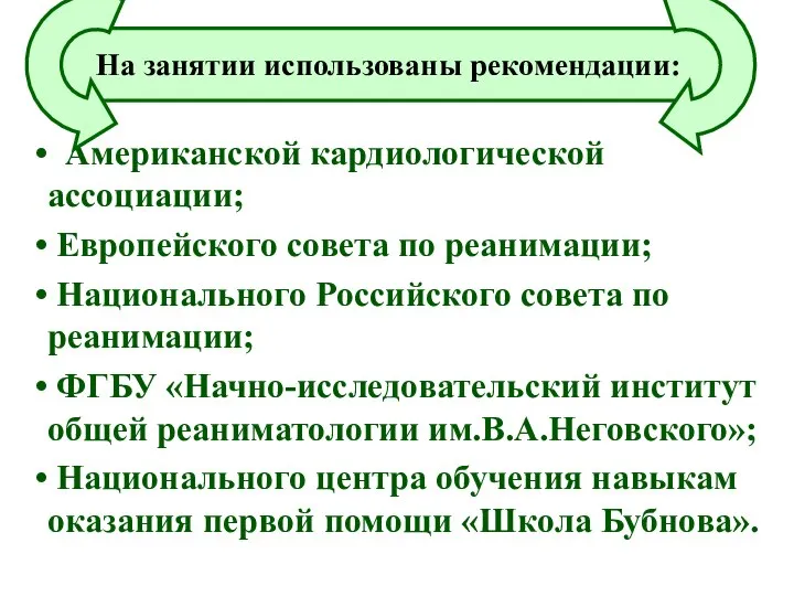 Американской кардиологической ассоциации; Европейского совета по реанимации; Национального Российского совета по реанимации;