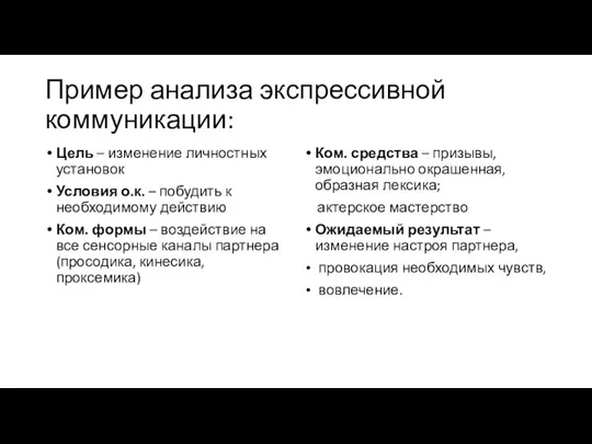 Пример анализа экспрессивной коммуникации: Цель – изменение личностных установок Условия о.к. –