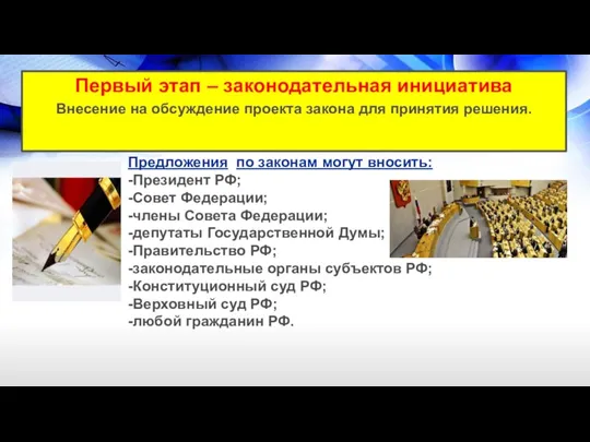 Первый этап – законодательная инициатива Внесение на обсуждение проекта закона для принятия