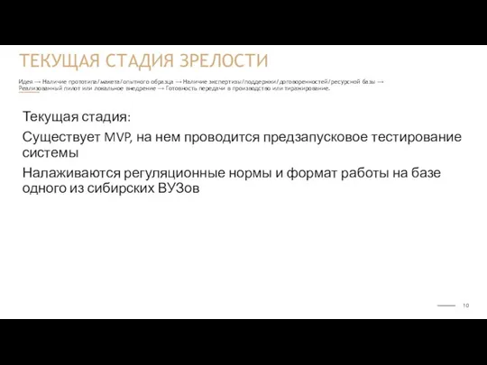 Идея ⟶ Наличие прототипа/макета/опытного образца ⟶ Наличие экспертизы/поддержки/договоренностей/ресурсной базы ⟶ Реализованный пилот