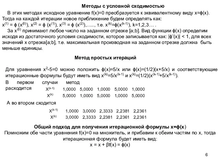 Метод простых итераций В этих методах исходное уравнение f(x)=0 преобразуется к эквивалентному