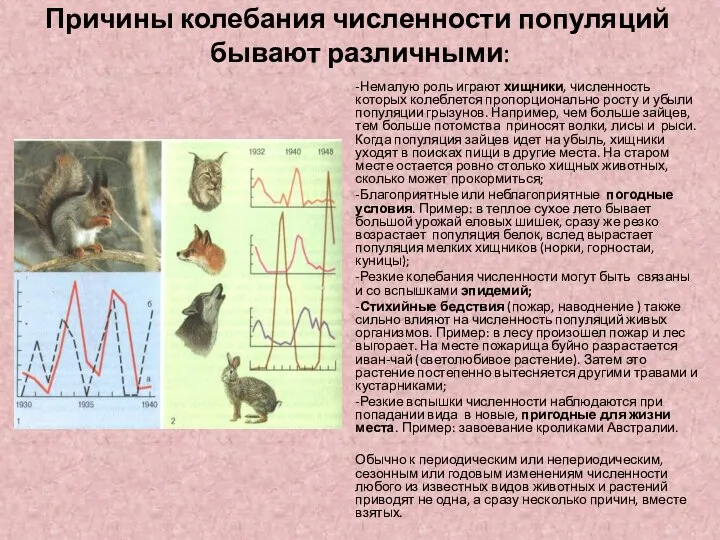 Причины колебания численности популяций бывают различными: -Немалую роль играют хищники, численность которых