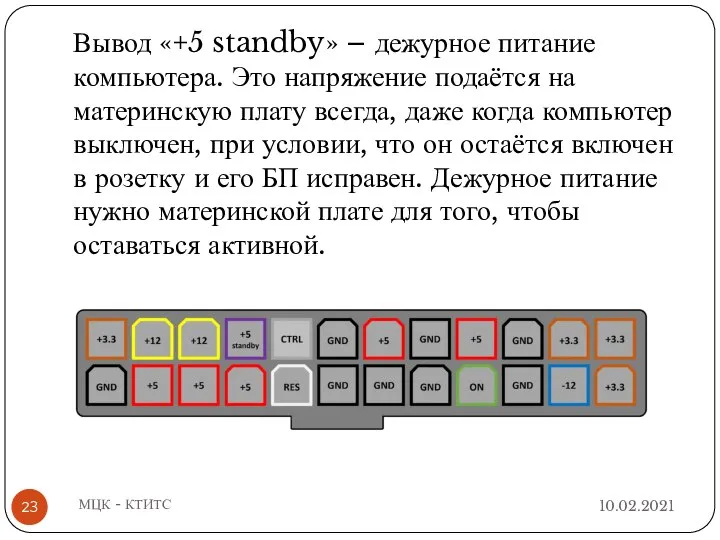 10.02.2021 МЦК - КТИТС Вывод «+5 standby» – дежурное питание компьютера. Это