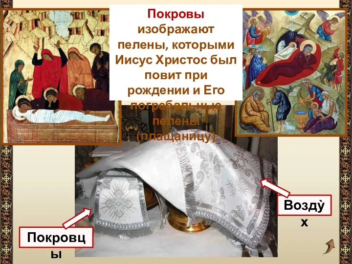 Покровы изображают пелены, которыми Иисус Христос был повит при рождении и Его