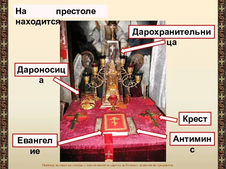 На престоле находится: Антиминс Евангелие Крест Дароносица Дарохранительница Переход на скрытые слайды