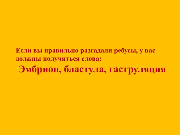 Если вы правильно разгадали ребусы, у вас должны получиться слова: Эмбрион, бластула, гаструляция