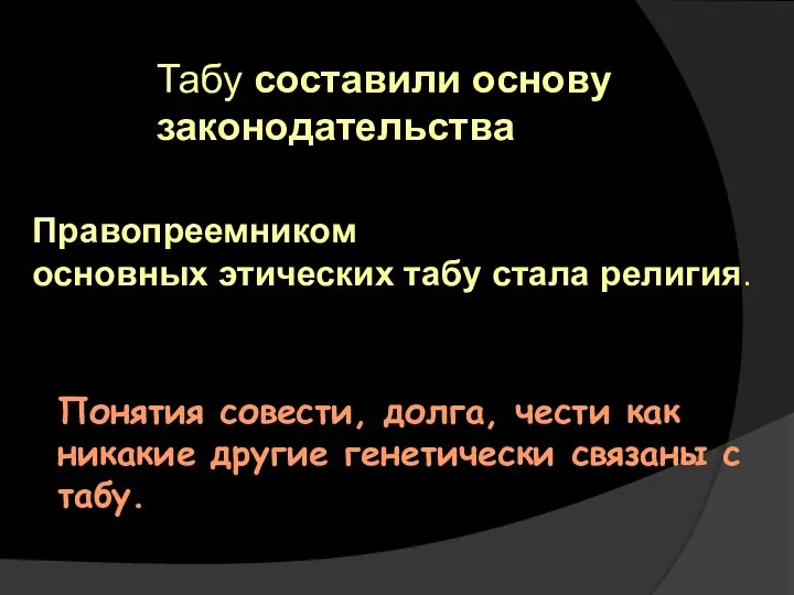 Табу составили основу законодательства Правопреемником основных этических табу стала религия. Понятия совести,