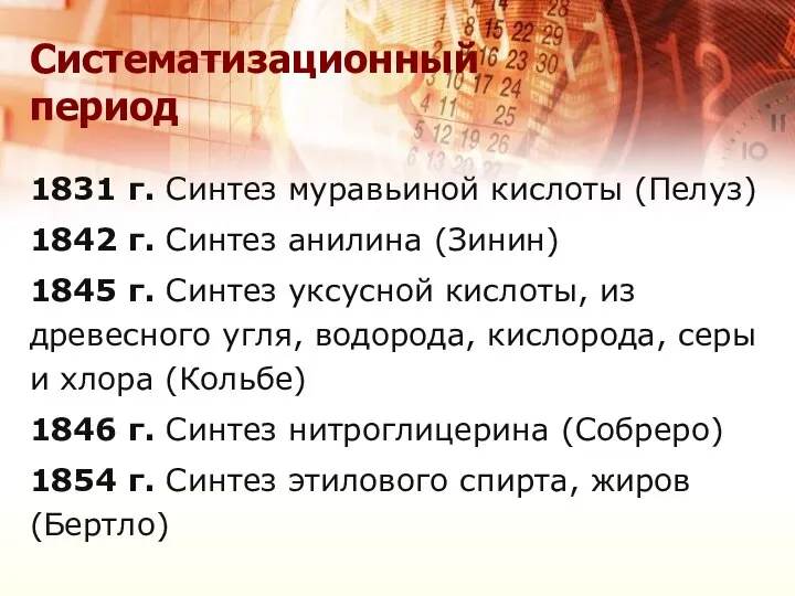 Систематизационный период 1831 г. Синтез муравьиной кислоты (Пелуз) 1842 г. Синтез анилина