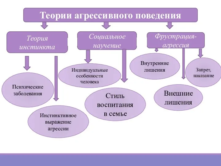 Теории агрессивного поведения Теория инстинкта Социальное научение Фрустрация-агрессия Инстинктивное выражение агрессии Психические