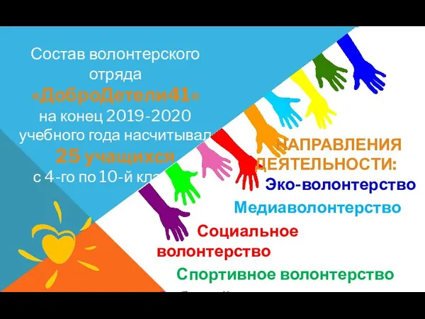 Состав волонтерского отряда «ДоброДетели41» на конец 2019-2020 учебного года насчитывал 25 учащихся