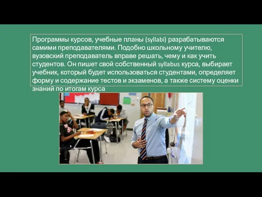 Программы курсов, учебные планы (syllabi) разрабатываются самими преподавателями. Подобно школьному учителю, вузовский