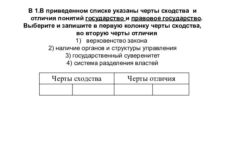 В 1.В приведенном списке указаны черты сходства и отличия понятий государство и